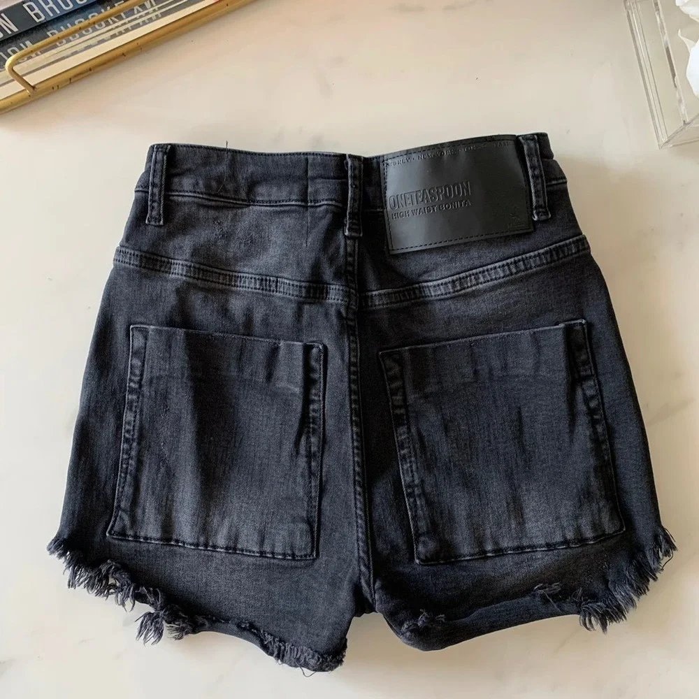 One‎ Teaspoon Bonitas Black Swan High Waist Denim Shorts Frayed Bottom  size 22